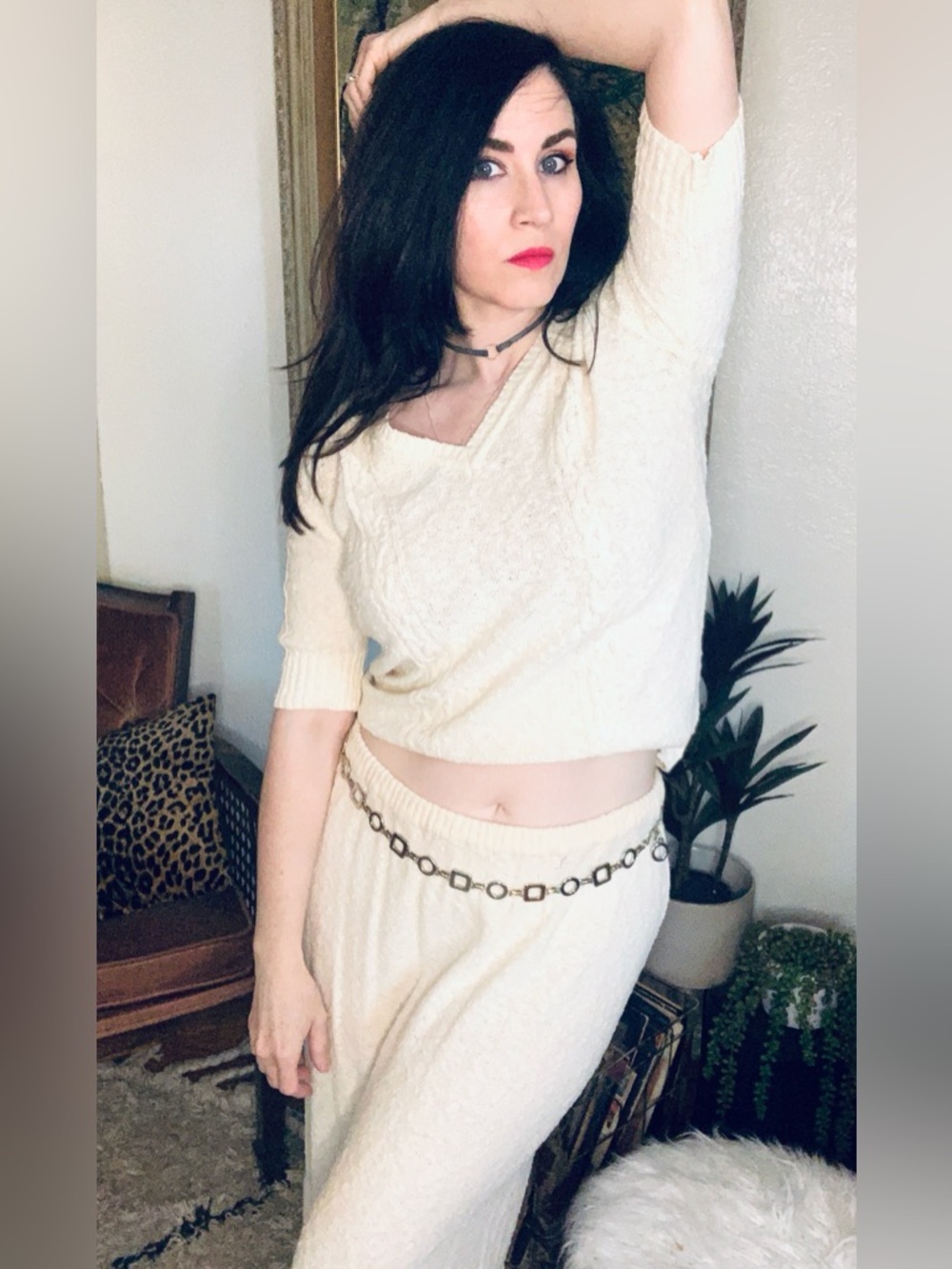 Vintage Cream Knit Two-Piece Set - V-Neck Top & Maxi Skirt